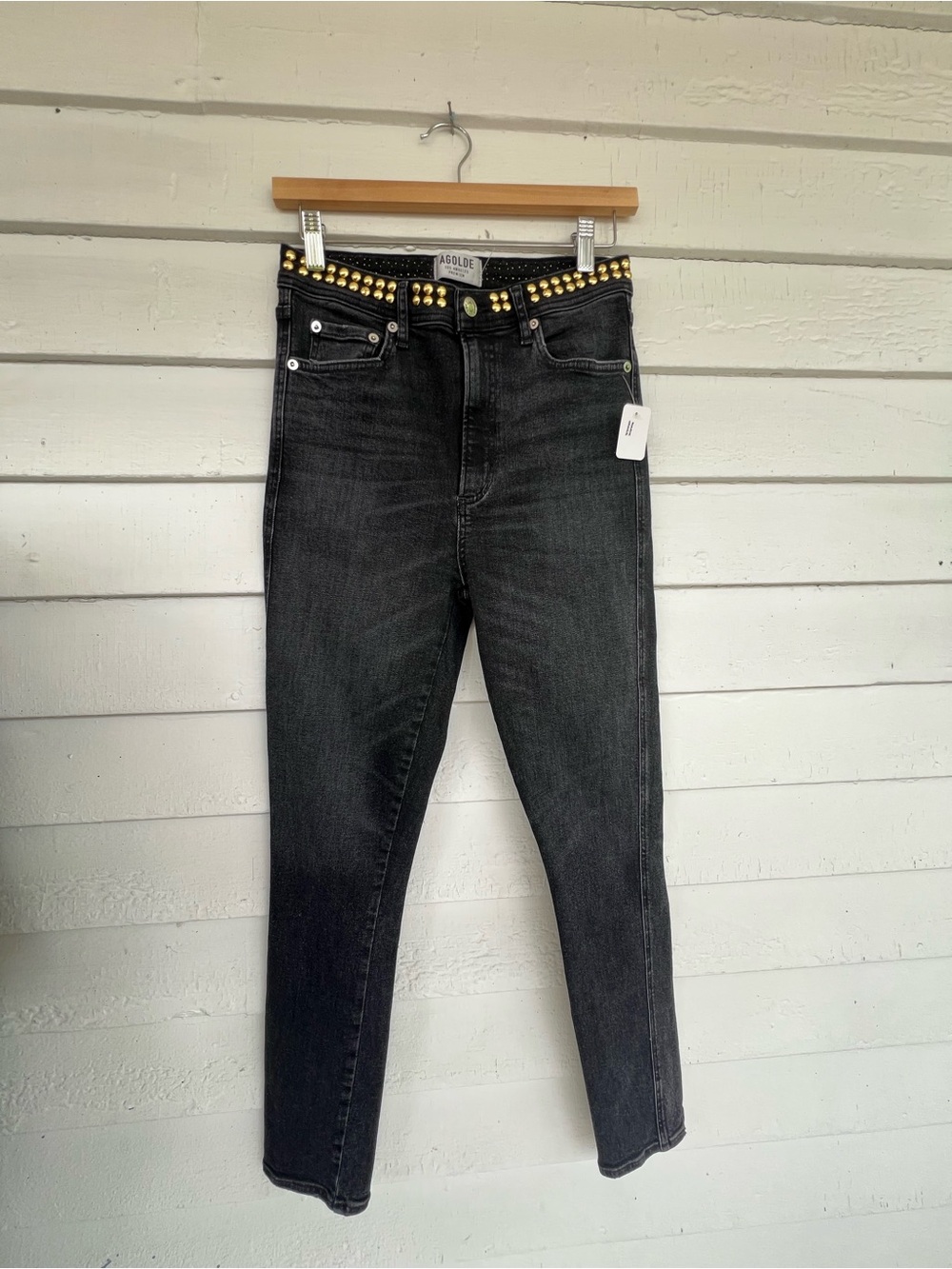 Agolde Black High-Rise Jeans with Gold Stud Waist